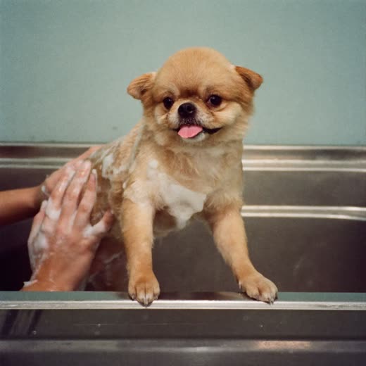 A small dog being shampooed in a grooming bath