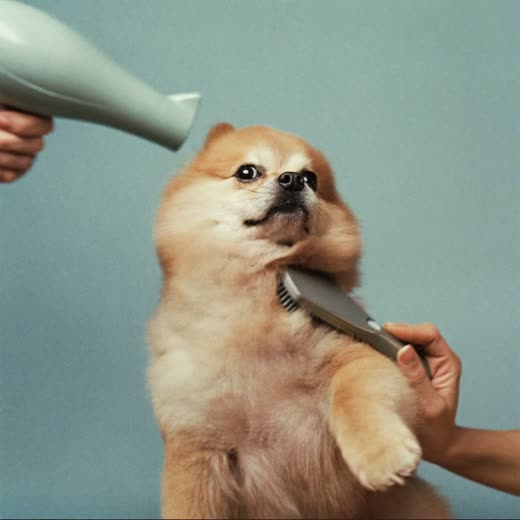 A fluffy dog having its coat blow-dried