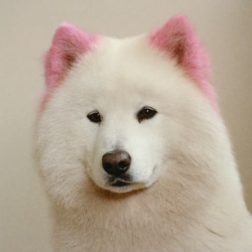A white dog with pastel colour on its ear tips